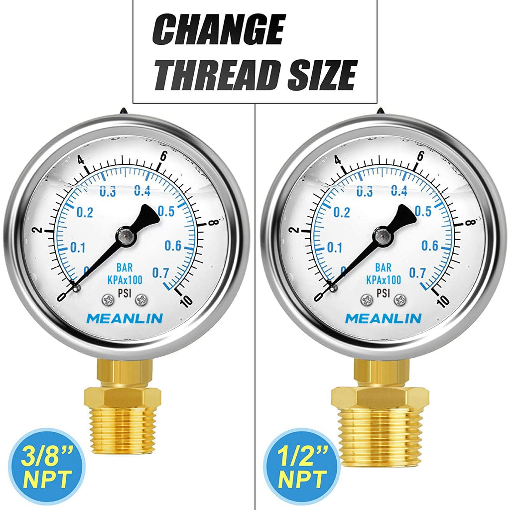 MEANLIN MEASURE 0~10Psi Stainless Steel 1/4" NPT 2.5" FACE DIAL,Liquid Filled Pressure Gauge,WOG Water Oil Air Lower Mount (Pack of 2), with 1/4" x 1/2" NPT and 1/4" x 3/8" NPT Hex Bushing