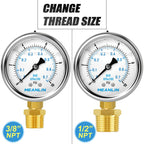 MEANLIN MEASURE 0~10Psi Stainless Steel 1/4" NPT 2.5" FACE DIAL,Liquid Filled Pressure Gauge,WOG Water Oil Air Lower Mount (Pack of 2), with 1/4" x 1/2" NPT and 1/4" x 3/8" NPT Hex Bushing