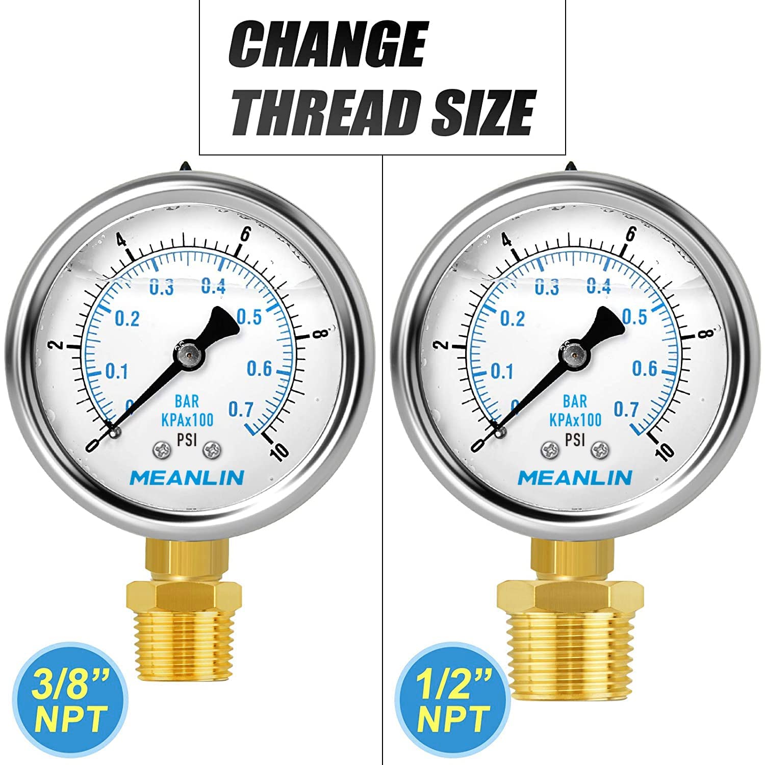 MEANLIN MEASURE 0~10Psi Stainless Steel 1/4" NPT 2.5" FACE DIAL,Liquid Filled Pressure Gauge,WOG Water Oil Air Lower Mount (Pack of 2), with 1/4" x 1/2" NPT and 1/4" x 3/8" NPT Hex Bushing
