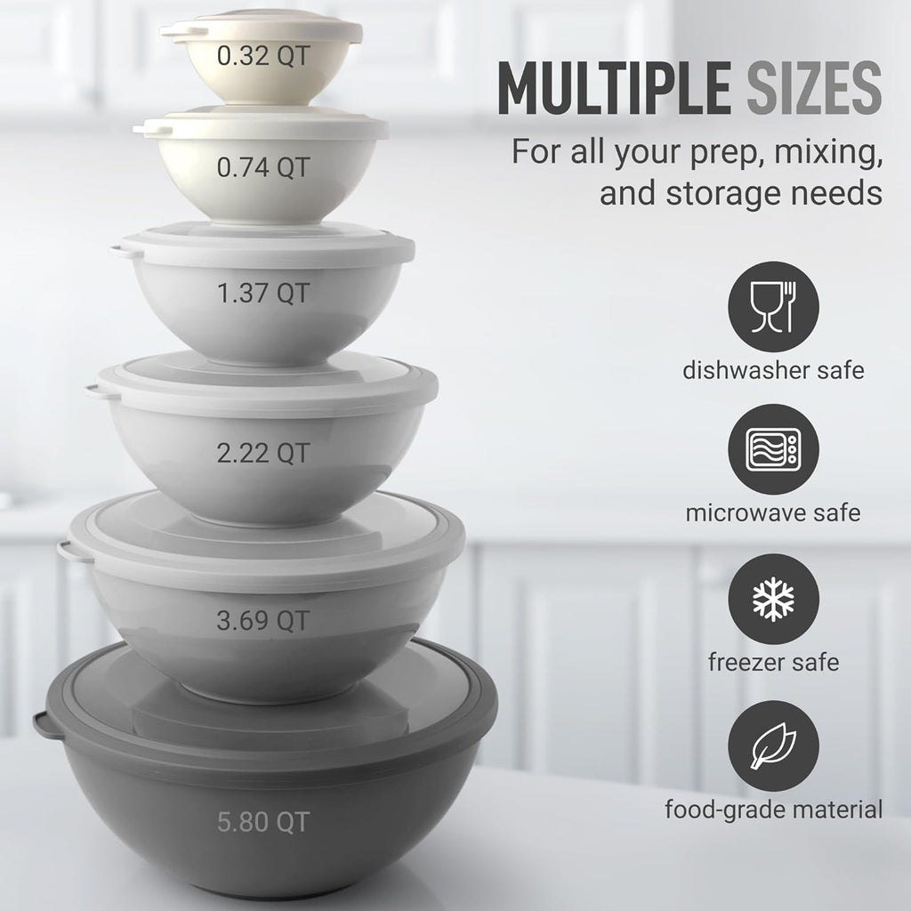 Zulay Kitchen 12 Piece Plastic Nesting Mixing Bowls with Lids - Colorful Microwave & Freezer Safe Gray Ombre Set