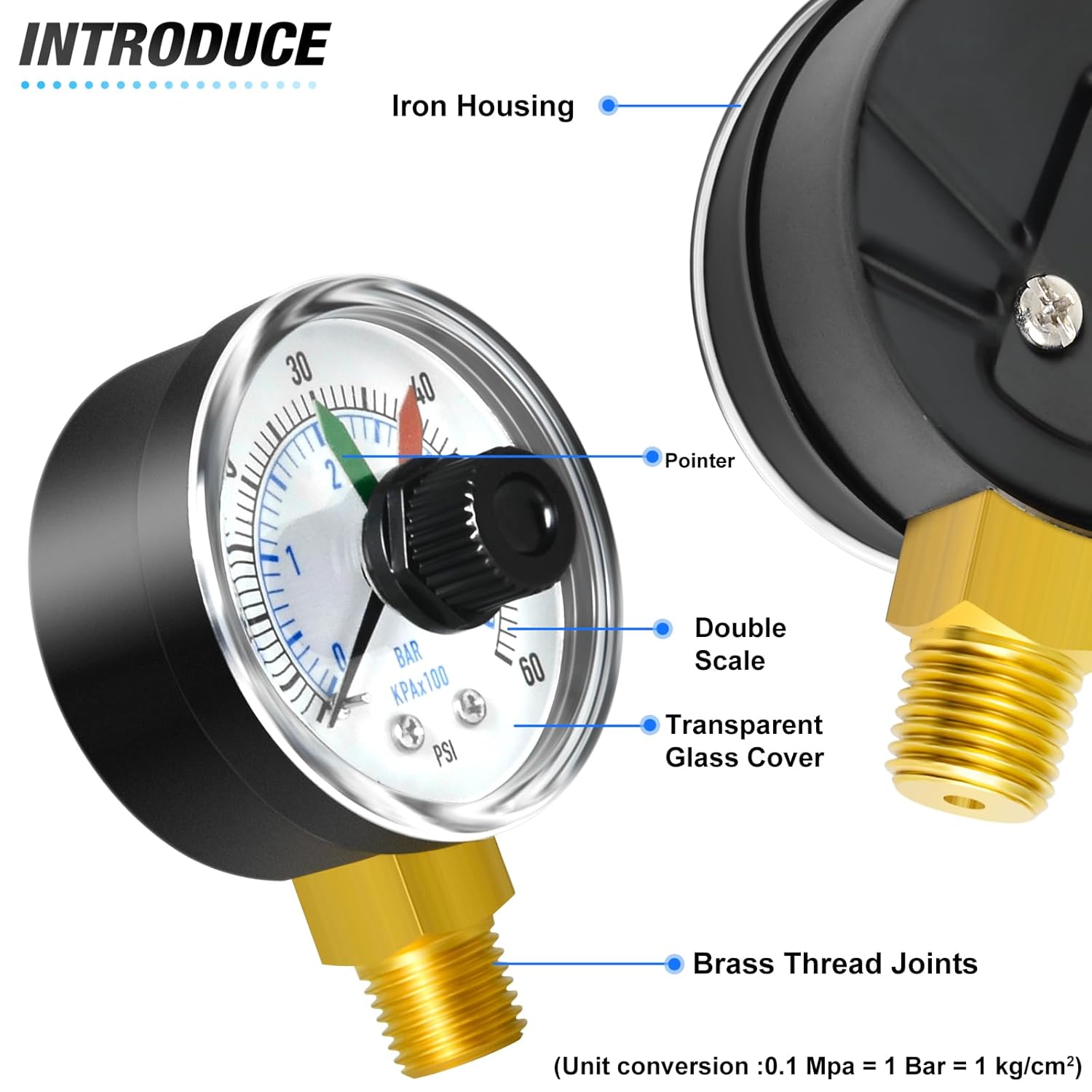 MEANLIN MEASURE 0-60Psi 1/4" NPT Pressure Gauge Box with dial for selecting Filter, 3-2-3% Accuracy, Lower Mount, with 1/2" NPT and 3/8" NPT Hex Bushing