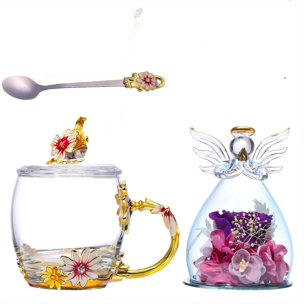 ANLUNOB Preserved Flower Rose in Angle Tea Coffee Mug with Spoon Artisan Enamel Glass Tea Cup Elegant Floral Design Birthday Anniversary Mother Day Valentines Gifts for women mom grandma friends