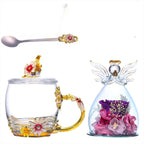 ANLUNOB Preserved Flower Rose in Angle Tea Coffee Mug with Spoon Artisan Enamel Glass Tea Cup Elegant Floral Design Birthday Anniversary Mother Day Valentines Gifts for women mom grandma friends