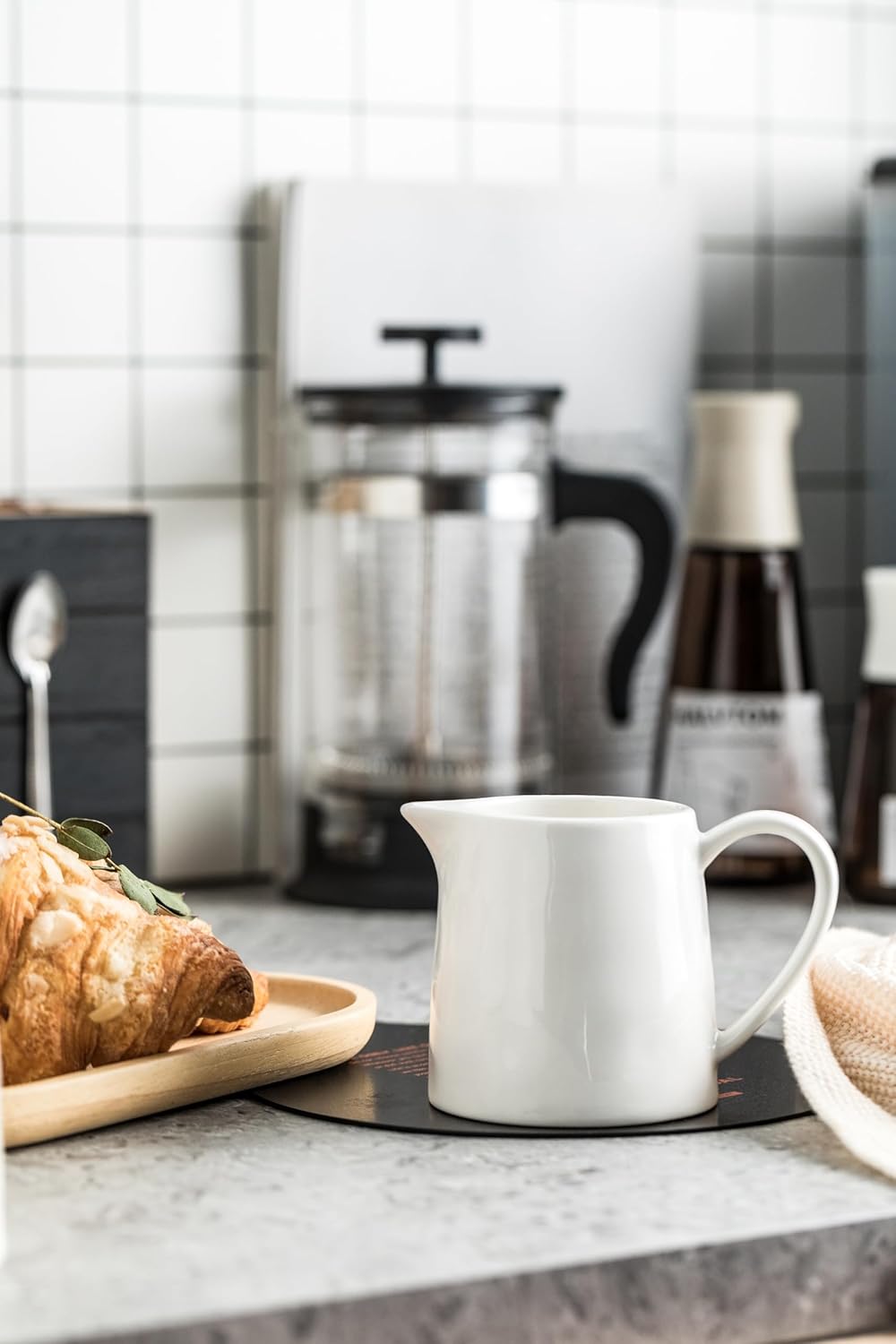 Ceramics Creamer Pitcher - 16 OZ Porcelain Coffee Creamer Pitcher with Handle, Funny Milk Pourer for Home Kitchen Coffee Bar, White