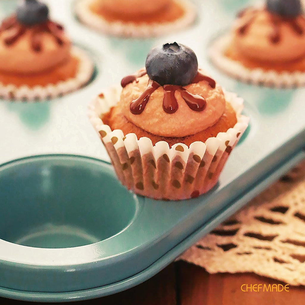 CHEFMADE Mini Muffin Cake Pan, Nonstick 12 Cavity Mini Muffin Bakeware Cupcake Pan for oven Baking（Green）