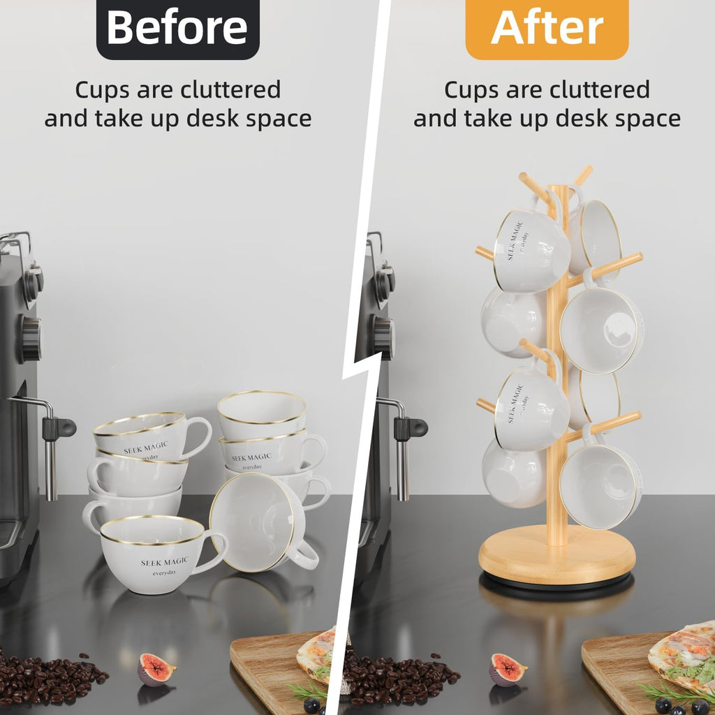 BAMBANG Mug Holder Tree, 360° Rotating 8 Hooks Coffee Cup Holder for Counter Top, Bamboo Coffee Mug Rack Stand for Kitchen Countertop Home, Natural