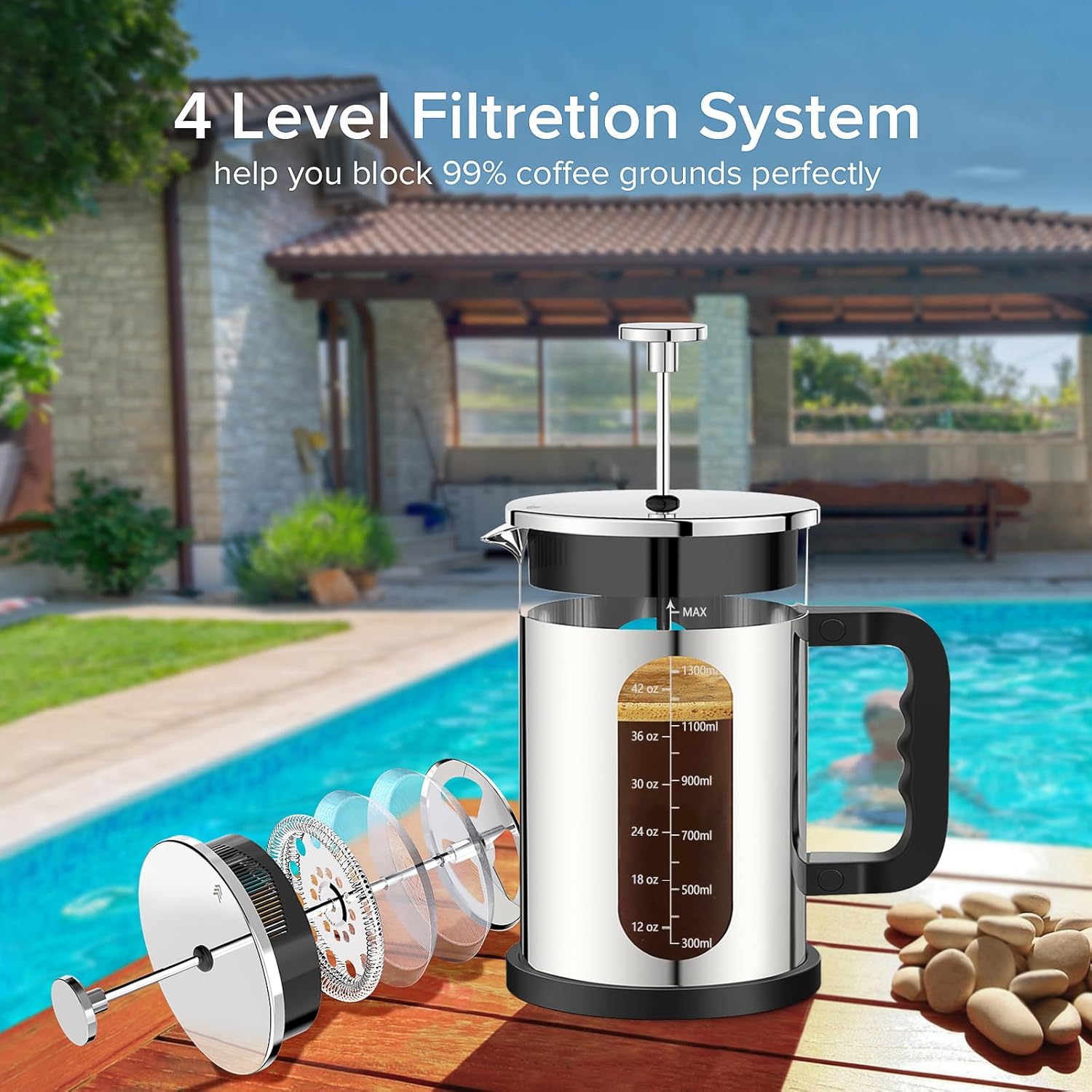 QUQIYSO French Press Coffee Maker 51oz 304 Stainless Steel French Press with 4 Filter, Borosilicate Glass Coffee Press