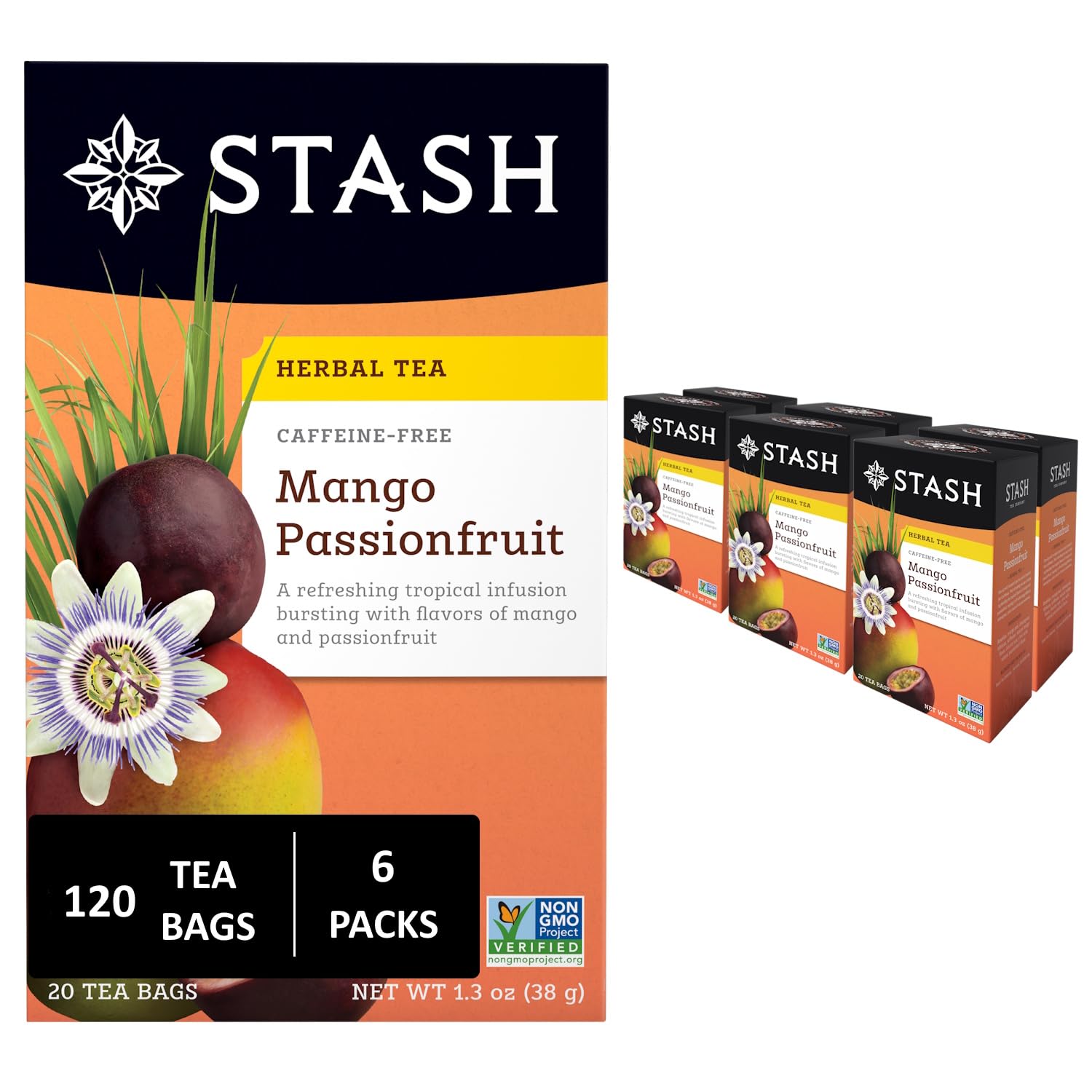 Stash Tea Mango Passionfruit Herbal Tea - Naturally Caffeine Free, Non-GMO Project Verified Premium Tea with No Artificial Ingredients, 20 Count (Pack of 6) - 120 Bags Total
