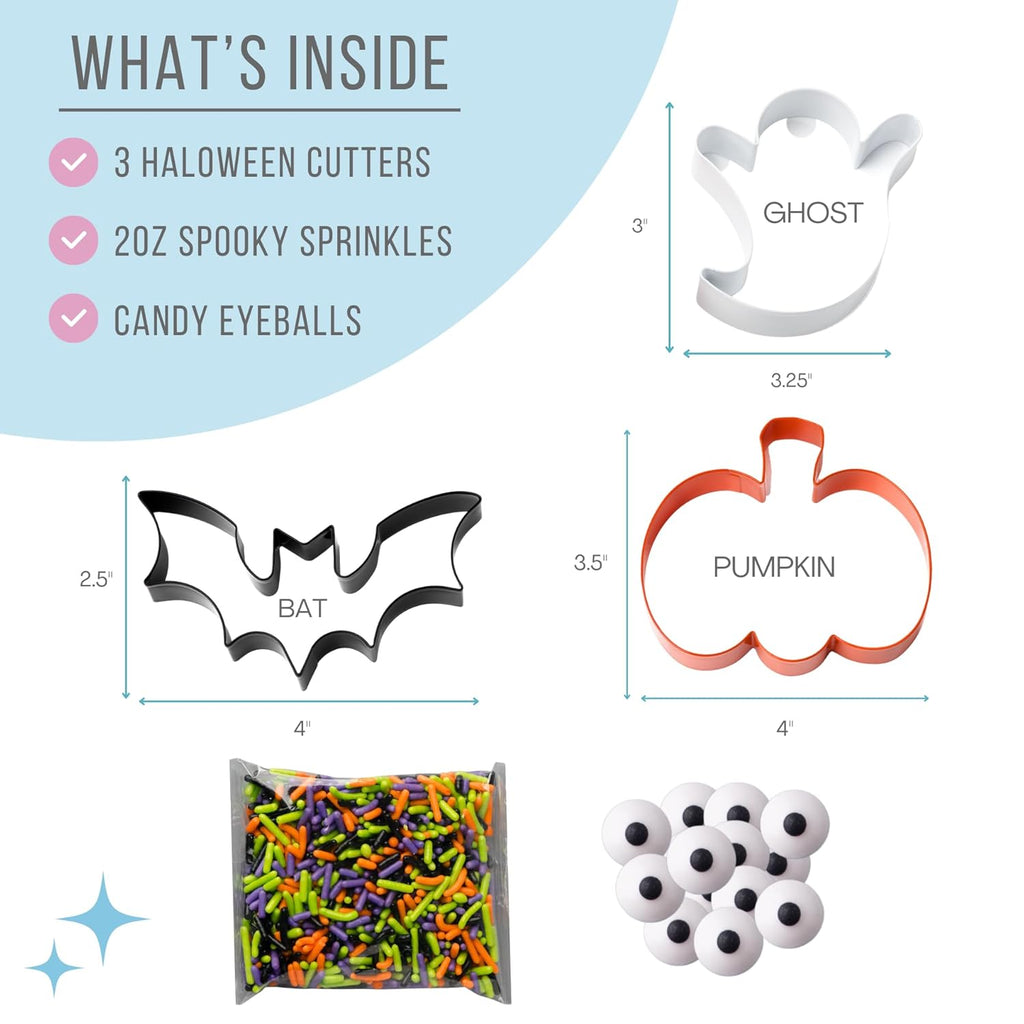 Sweets Indeed Halloween Cookie Cutters with Sprinkle Mix & Candy Eyeballs – 2 oz Sprinkles + 3 Food-Safe Cookie Cutters (Pumpkin, Ghost, Bat) | Halloween Baking & Decorating Kit