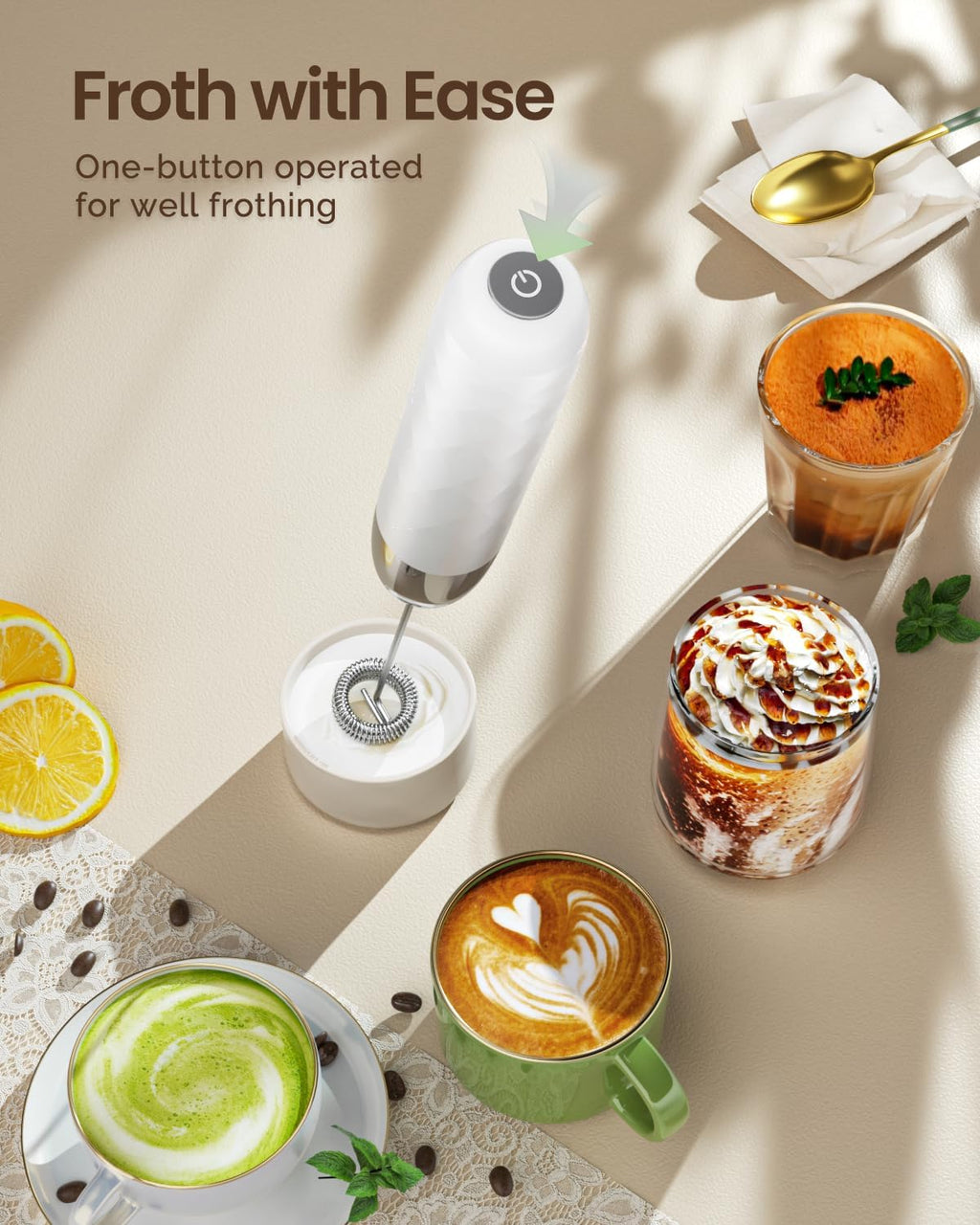 Maestri House Rechargeable Milk Frother, LunaFro Mini Handheld Electric Foam Maker Detachable Stainless Steel Whisk Drink Mixer Foamer Mini Blender for Matcha, Lattes, Cappuccino, No Stand