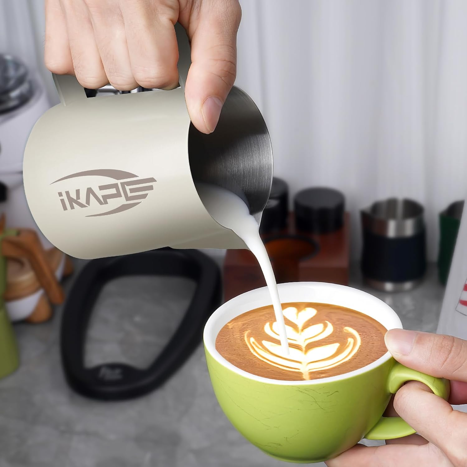 IKAPE Espresso Milk Pitcher, Espresso Steaming Pitcher with Sharp Spout for Espresso Barista Tool, 15.4 oz/450ml Milk Frothing Jug (White)