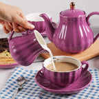 Porcelain Tea Sets British Royal Series, 8 OZ Cups& Saucer Service for 6, with Teapot Sugar Bowl Cream Pitcher Teaspoons and Tea Strainer, Suitable for High Tea, Wedding, Party (Violet)
