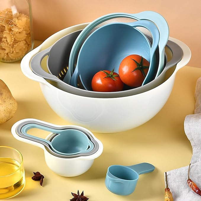 Plastic Mixing Bowls Set 8/10 PCS with Measuring Spoon, Colorful Serving Bowls for Kitchen, Ideal for Baking, Prepping, Nesting Bowls for Space Saving Storage (Pebble Stream)