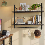 Bestier Pipe Shelf Industrial Floating Shelving 31" Kitchen Wall-Mounted Shelf Towel Bar Hooks Coffee Bar Shelves Wine Hanging Display Rack Bookshelf Living Room Decor Bathroom-Charcoal Black