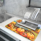 Thanksgiving Autumn Harvest Pumpkin Dish Drying Mat for Kitchen Counter,Sunflowers and Cart Drying Mat 18 x 24 Inch Microfiber Dish Drying Pad Ear of Rice Dish Rack Drainer Mat for Coffee Bar
