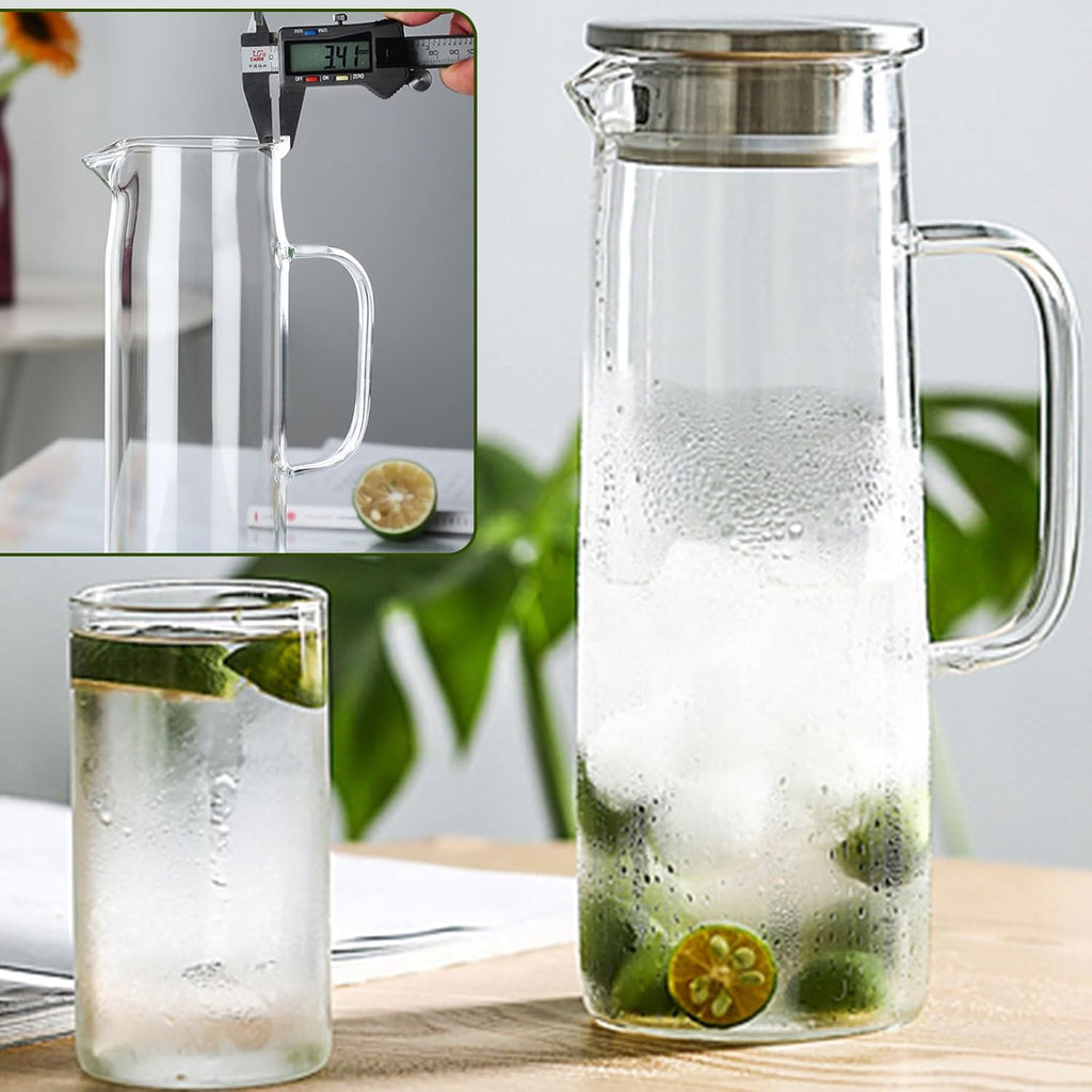 hjn Glass Pitcher with Lid Glass Water Carafe with Handle, Fridge Water Jug Cold or Hot Beverages, Iced Tea, Milk, Juice 1500ml/51oz & aluminum lid