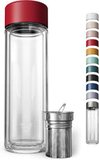 Glass Multi Tea Infuser Bottle 14oz - Double Wall Borosilicate Glass Flask | No Plastic Touches Contents | Perfect for Office or Home - Red