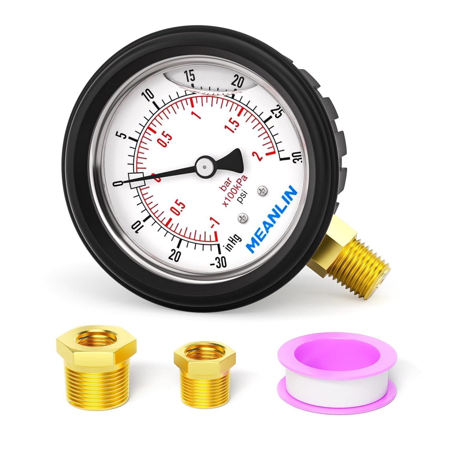 MEANLIN MEASURE -30inHG~30Psi Stainless Steel 1/4" NPT 2.5" FACE DIAL Vacuum Pressure Gauge, Lower Mount (with Rubber Protective Sleeve), with 1/2" NPT and 3/8" NPT Hex Bushing