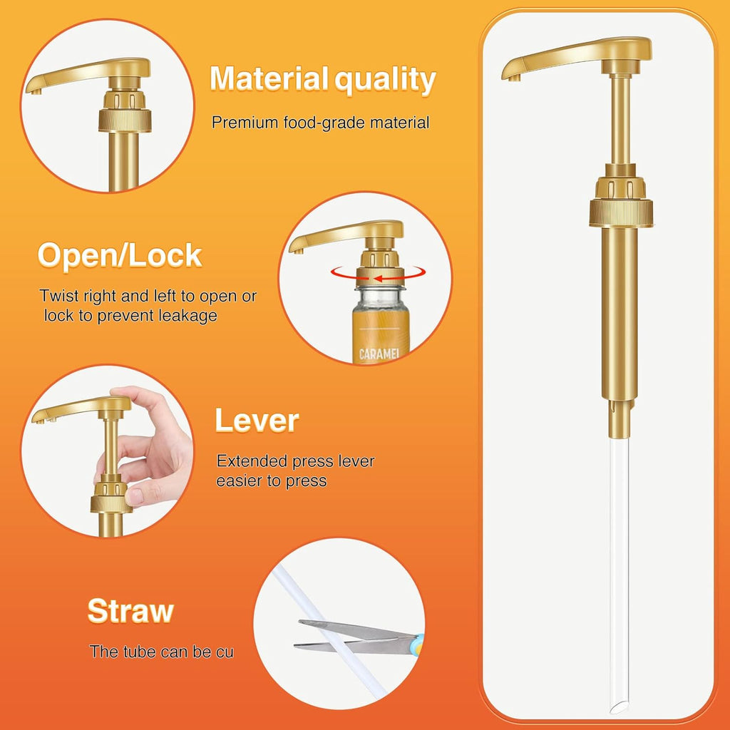 VOISEN Coffee Syrup Pumps, 6 Pack Gold Syrup Pump, Skinny Syrup Pump for 750ml 25.4oz Syrup Bottle, Syrup Pump Dispenser for Kitchen Dinning Coffee Bar Drinking Mixes,Davinci,Jordans