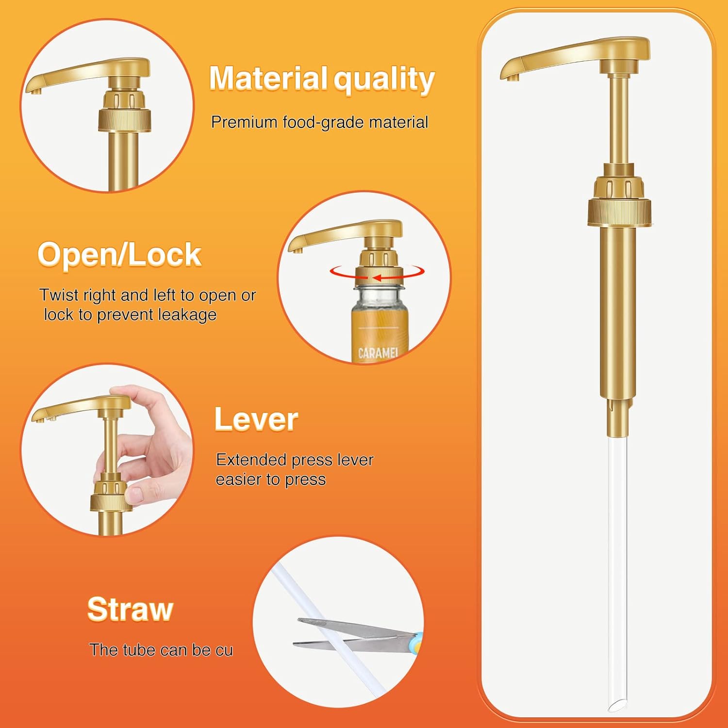 VOISEN Coffee Syrup Pumps, 6 Pack Gold Syrup Pump, Skinny Syrup Pump for 750ml 25.4oz Syrup Bottle, Syrup Pump Dispenser for Kitchen Dinning Coffee Bar Drinking Mixes,Davinci,Jordans