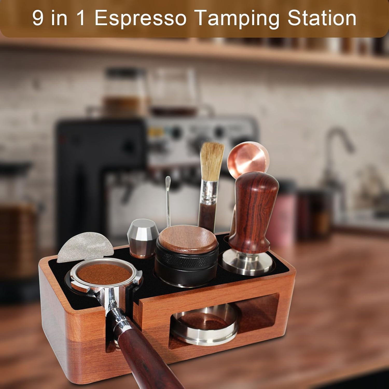Espresso Tamping Station,9 in 1 Espresso Station,Multifunctional Tamper Station Fit for 51/54mm Espresso Accessories,Wooden Espresso Station,Adjustable Height Portafilter Holder (Red Black, 51mm-58mm)
