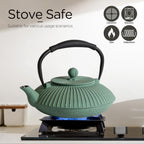 Cast Iron Teapot Set with 2 Tea Cups, 7Pcs Japanese Tea Kettle with Stainless Steel Infuser, Tea Pot Coated with Enameled Interior, Line Pattern, 27oz 780ml Green