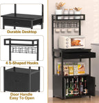 5-Tier Coffee Bar Cabinet & Microwave Stand with Storage, 2 Doors, 4 S-Hooks Kitchen Appliance Bakers Rack for Spices, Pots,Coffee Station for Small Spaces,Living Room,Entryway,Black