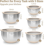 Mixing Bowles Set with Lids Set - Warp-Proof TPR-AS Lids, Stainless Steel Mixing Bowl with 3 Graters & Measuring Lines, Non-Slip Bowls for Baking, Prep, Airtight Food Storage (Khaki 5/3/2/1.5/0.63QT)
