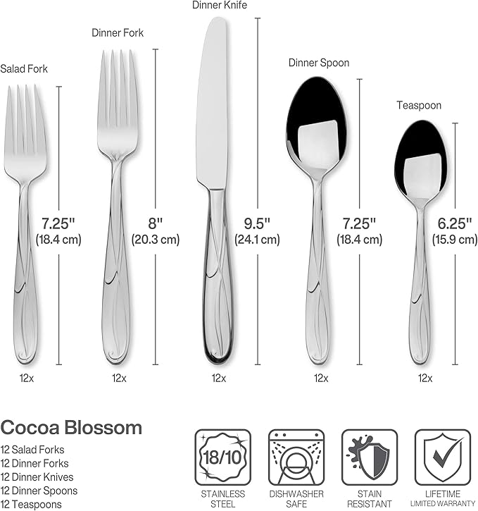 Mikasa Cocoa Blossom 65-Piece Flatware Set for 12, 18/10 Stainless Steel Silverware with Full Service and Serving Utensils, Elegant Floral Design
