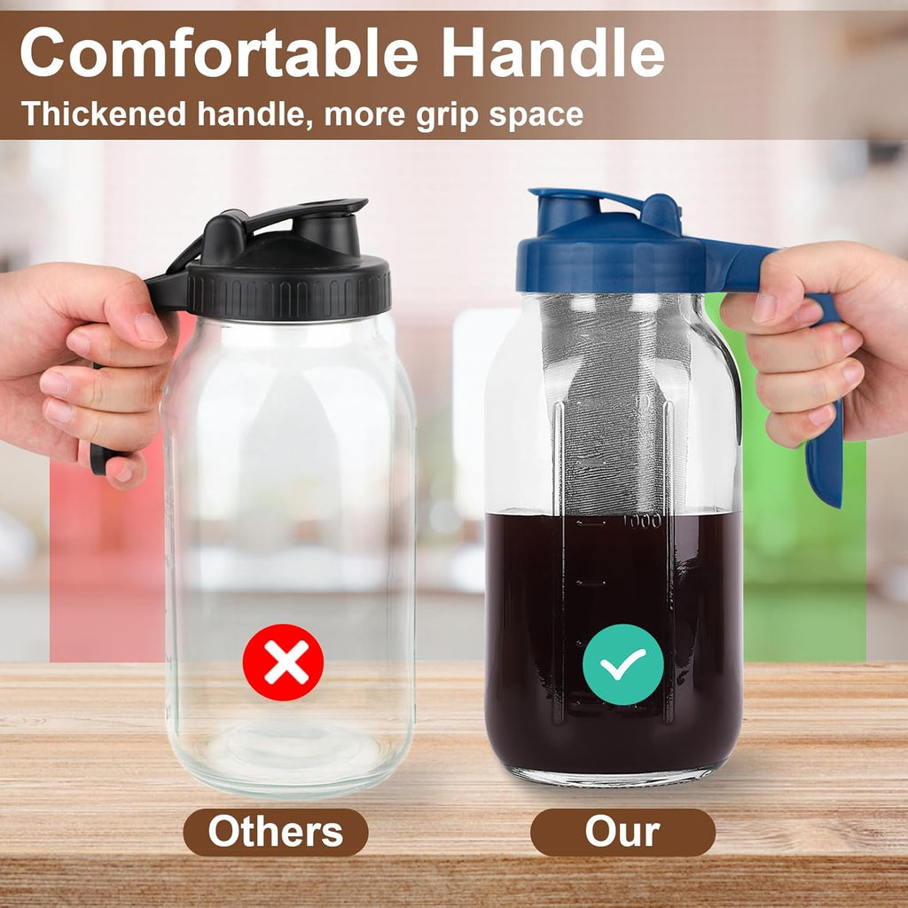 Cold Brew Coffee Maker Pitcher,64 Oz Heavy Duty Glass Mason Jar Pitcher with V-shaped Pour Spout Handle Lid,Stainless Steel Filter for Iced Coffee,Iced tea,Fruit Drinks,lemonade - Blue
