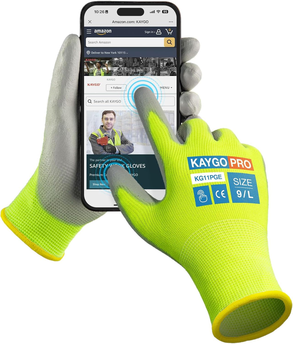 KAYGO Safety Work Gloves PU Coated for Men and Women- KG11P,12 Pairs,Seamless Knit Glove with Two Fingers Touchscreen,Ideal for General Duty Work (Green,L)