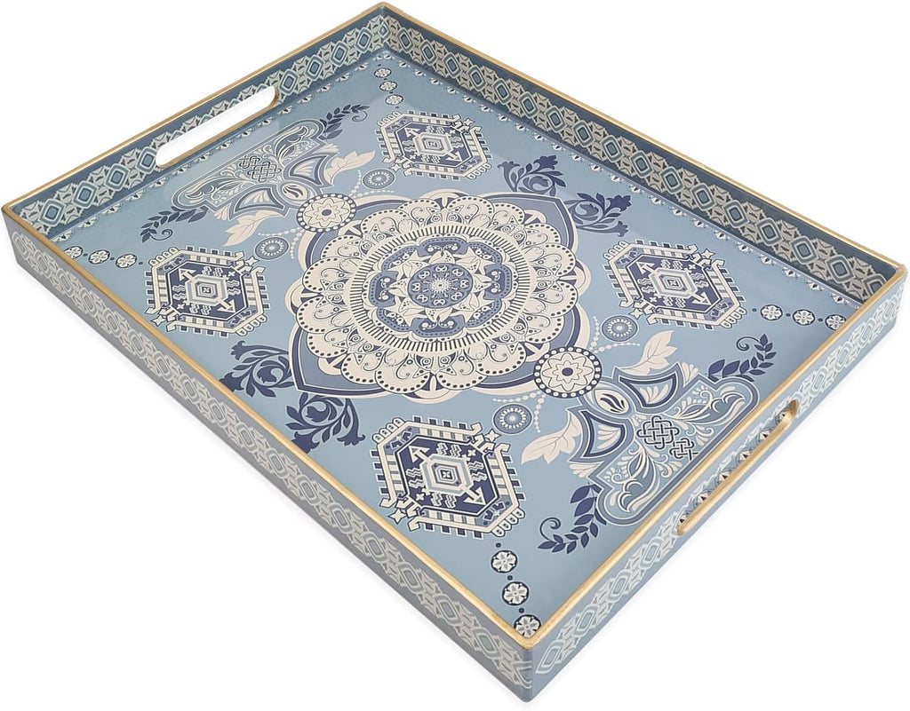 Rectangle Plastic Serving Tray with Handles, Elegant Decorative Tray for Coffee Table, Ottoman, Living Room, Kitchen, Outdoor Use. 12"*16"*1.6" B