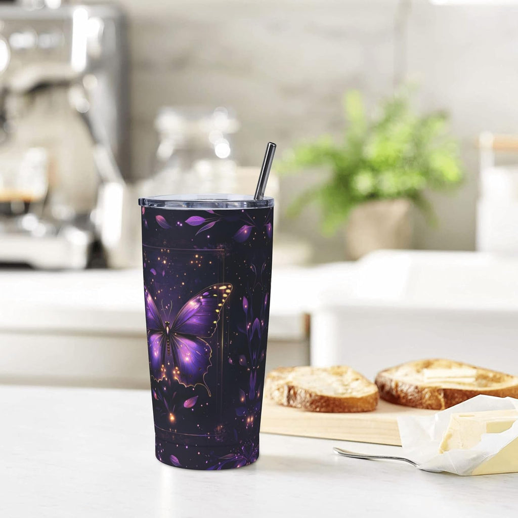 Butterfly Tumbler with Lid and Straw 20oz Coffee Tumblers Leakproof Stainless Steel Travel Mug Vacuum Insulated Cup for Iced and Hot