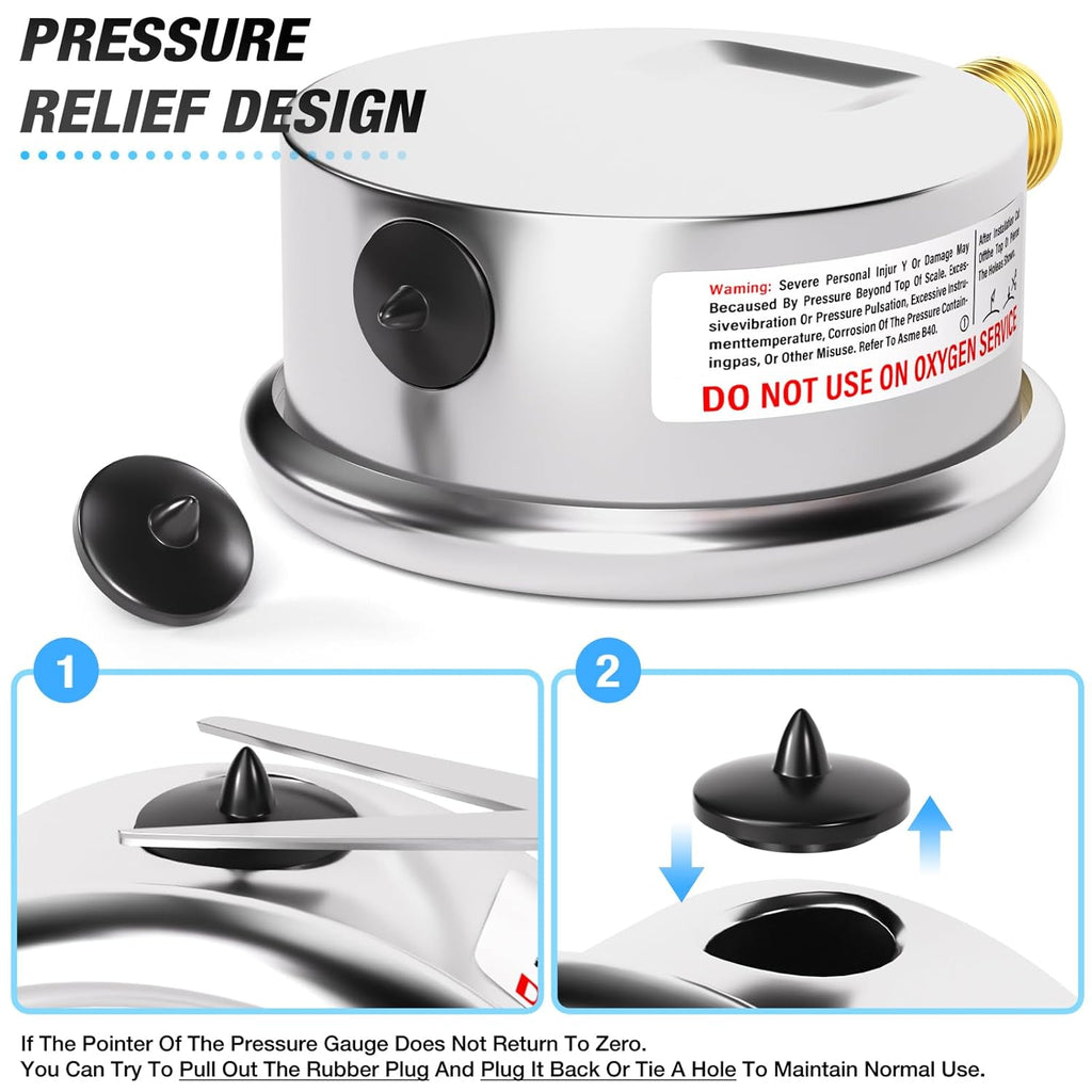 MEANLIN MEASURE -30inHG~60Psi Stainless Steel 1/4" NPT 2.5" FACE DIAL Vacuum Pressure Gauge, Lower Mount, with 1/2" NPT and 3/8" NPT Hex Bushing