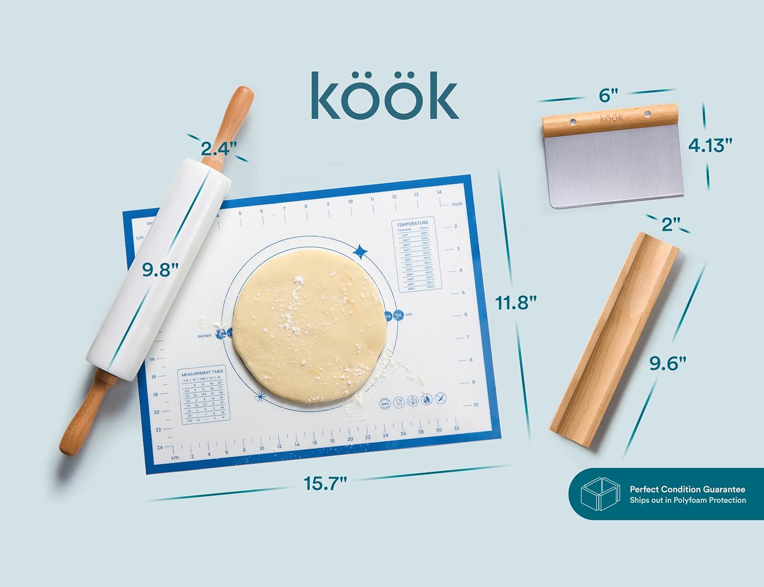 Kook Marble Rolling Pin Set, 18 Inch Rolling Pin with Beechwood Handles, Wooden Holder, Metal Scraper, Silicone Mat, Nonstick, for Baking Pizza Dough, Pastries, Tortillas