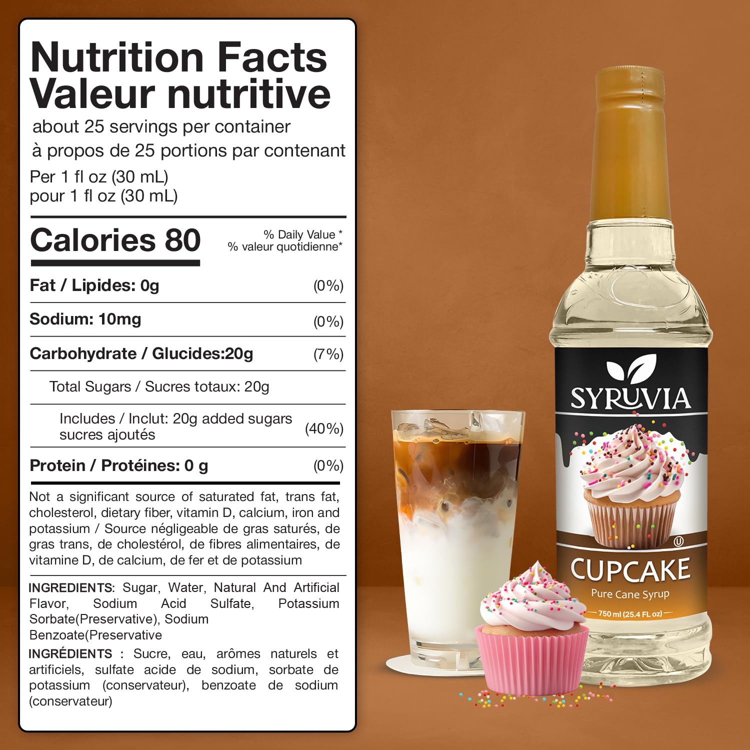 Syruvia Cupcake Coffee Syrup - 25.4 fl oz - Kosher Syrups, Gluten Free, No Coloring, Perfect for Drinks, Soda, Shakes, Desserts, and More.