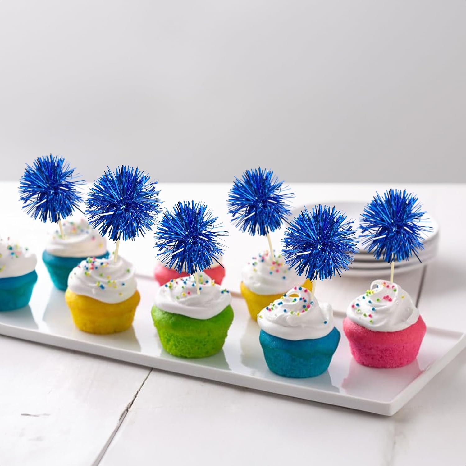 Gyufise 30Pcs Foil Firework Cupcake Toppers Sparkle Tinsel Cake Toppers Tinsel Drink Cake Decoration Cocktail Picks for Birthday Wedding Graduation Party Supplies Dark Blue