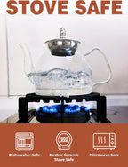 TETWIN Glass Teapot Including 6 Blooming Flower Tea Balls, Stovetop Safe Tea Pot with Removable Infuser for Loose Leaf Tea, 1000ml / 33.8oz