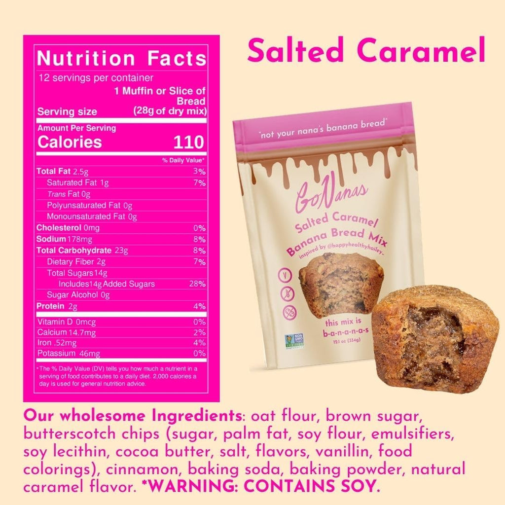 GoNanas Salted Caramel Oat Flour Banana Bread Mix, Suitable for Plant Based Vegan Diets, Gluten Free Dairy Free Snacks, Healthy Snacks For Adults, Muffin Mix, Nut Free, Cupcakes Dessert, NON-GMO, 3pk