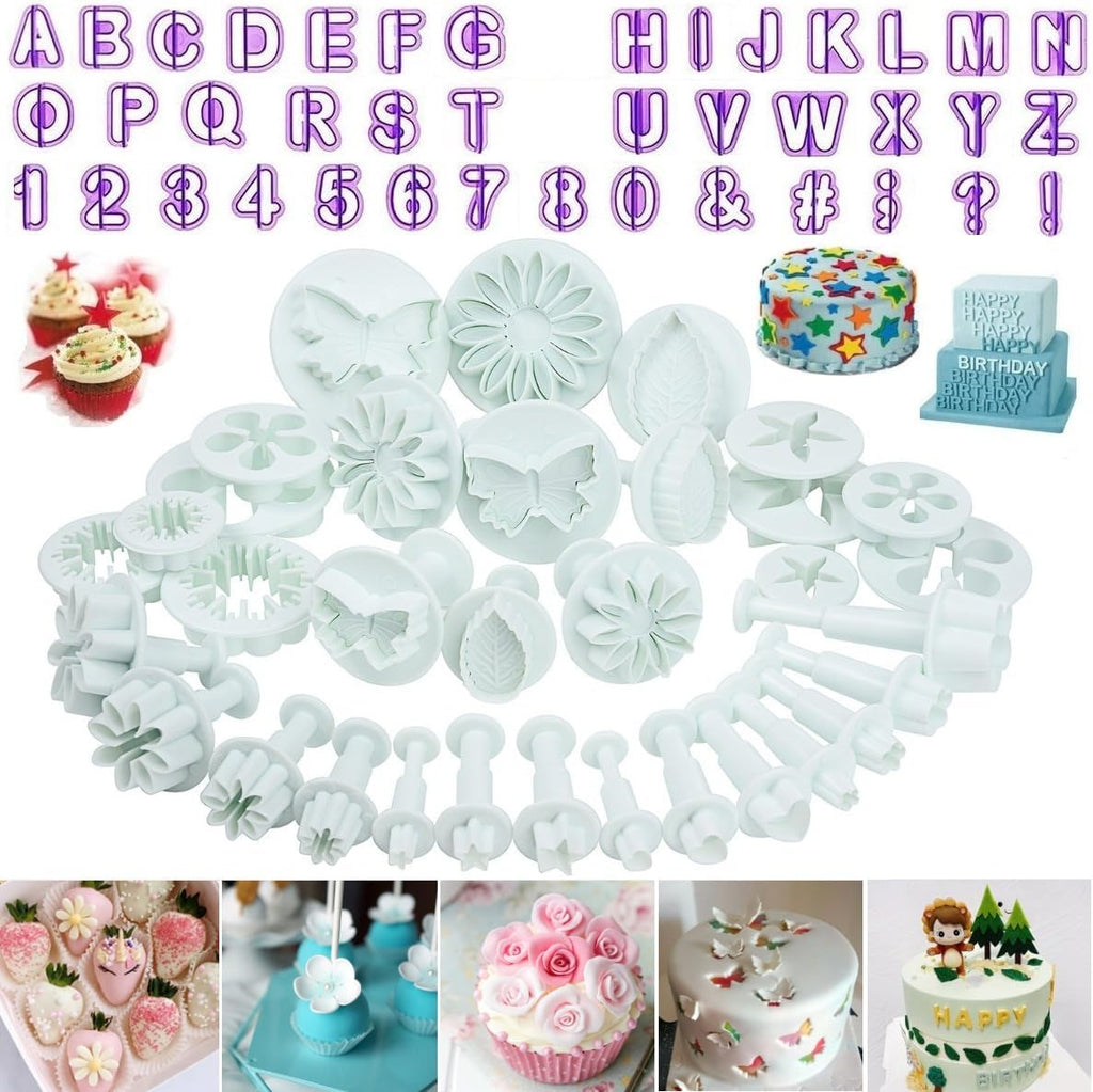 Flower Fondant Cutters,73Pcs Cake Cookie Cutter Plunger Sugarcraft Alphabet Letters Decorating Tools,Sunflower Rose Leaf Butterfly Heart Star Carnation Hollow Calyx Cutter Molds,Icing Modelling Kit