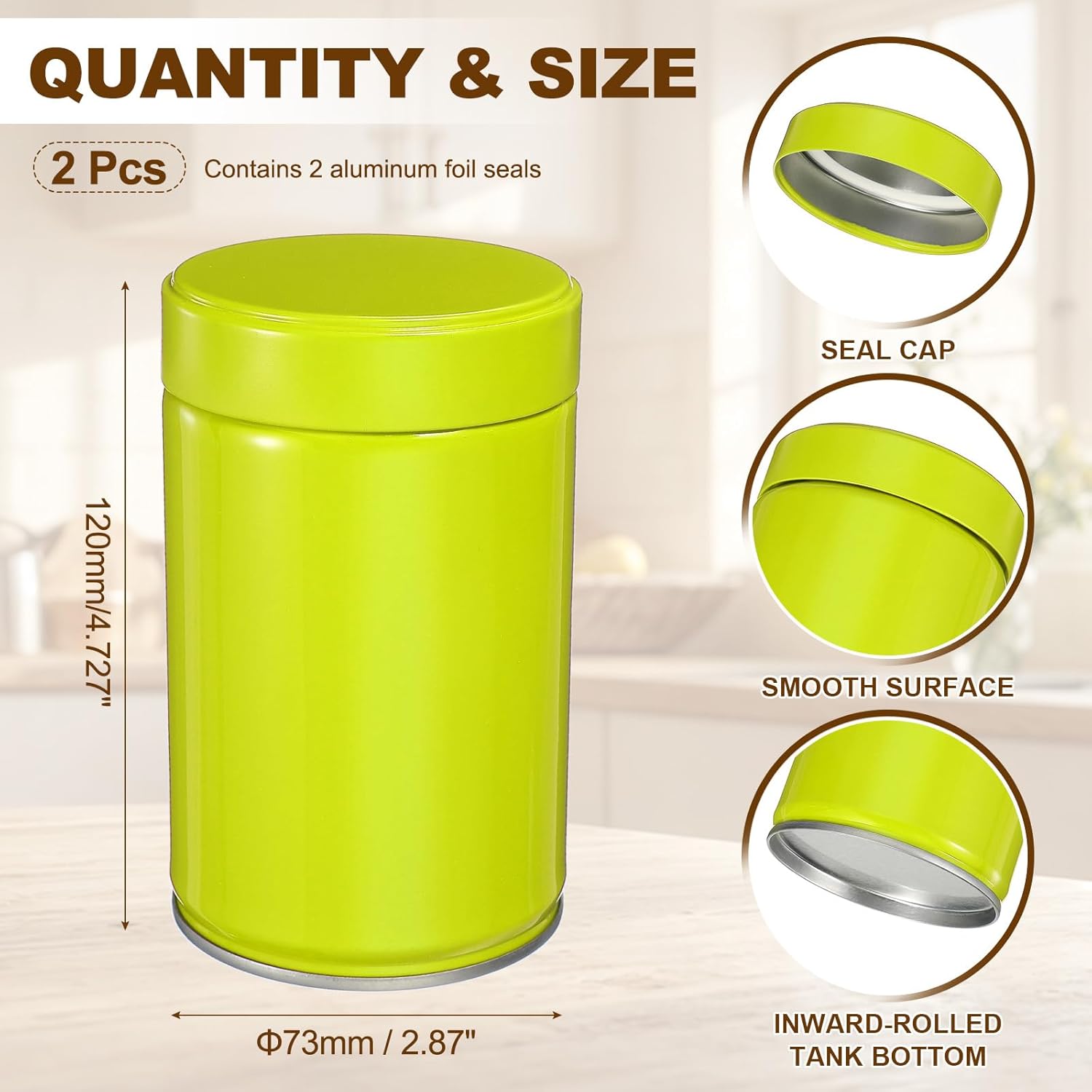 uxcell 2Pcs Round Tea Canisters, 5" x 3" Airtight Metal Tea Containers for Loose Tea, Coffee Beans, Spices - Durable, Compact, and Stylish Storage Tea Tin (Green)