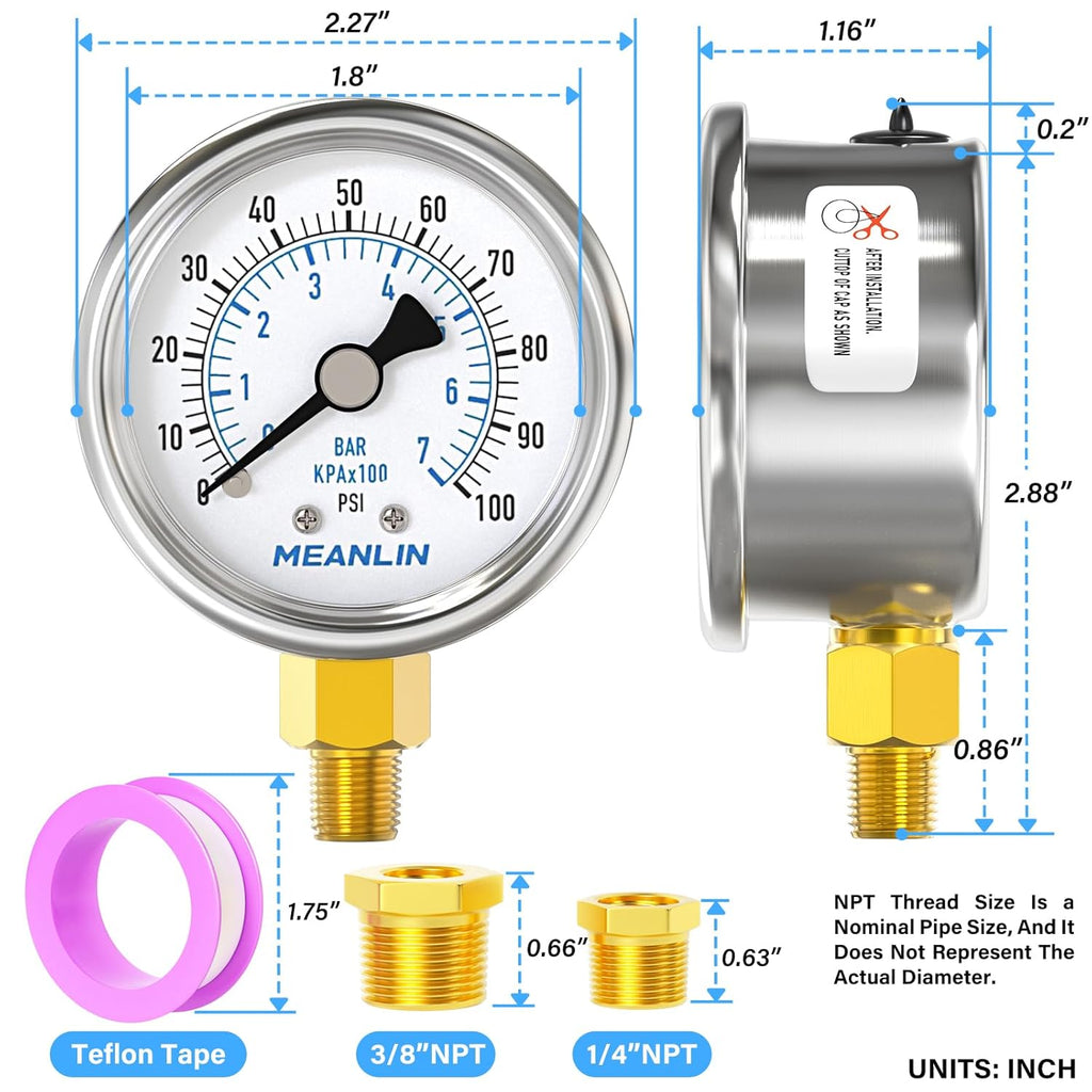 MEANLIN MEASURE 0~100Psi Dry Pressure Gauge Stainless Steel 1/8" NPT 2" FACE DIAL Waterproof for Well Pump Water Tire Water Pressure Tester Lower Mount with 1/4" NPT and 3/8" NPT Hex Bushing