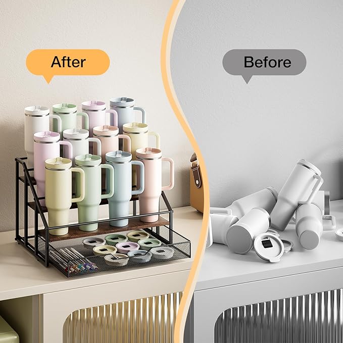 MOJOHAND Water Bottle Organizer for Stanley, 4-Tier 12 Bottles Rack with Storage Basket for Cup Accessories, Large Tumbler Holder Stand, Water Bottle Holder Wine Rack