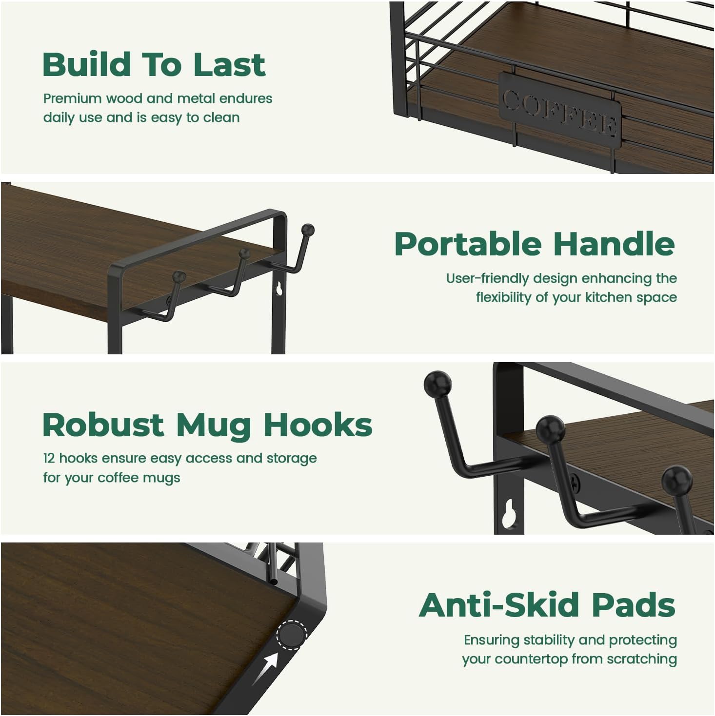 EsLuker.ly Coffee Mug Cup Holder Stand Bar Station Organizer for Countertop, Multi-Functional 2 Tier Mug Tree Rack for Kitchen, Storage Shelf with 12 Hooks, Brown-Black(Patented Design)