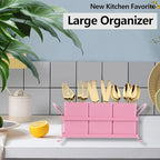 Metal Silverware Caddy,3 Compartment Utensil Holder With Metal Rack,Utensil Caddy Flatware Cutlery Organizer for Countertop Party Picnic Camping Outdoor Pink