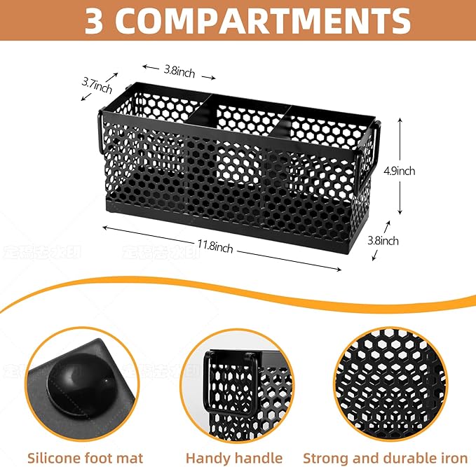 Kitchen Utensil Holder with 3Compartments Metal Mesh Silverware Caddy Organizer with Sturdy iron Base for Kitchen Countertop，White Cooking Utensil Crock