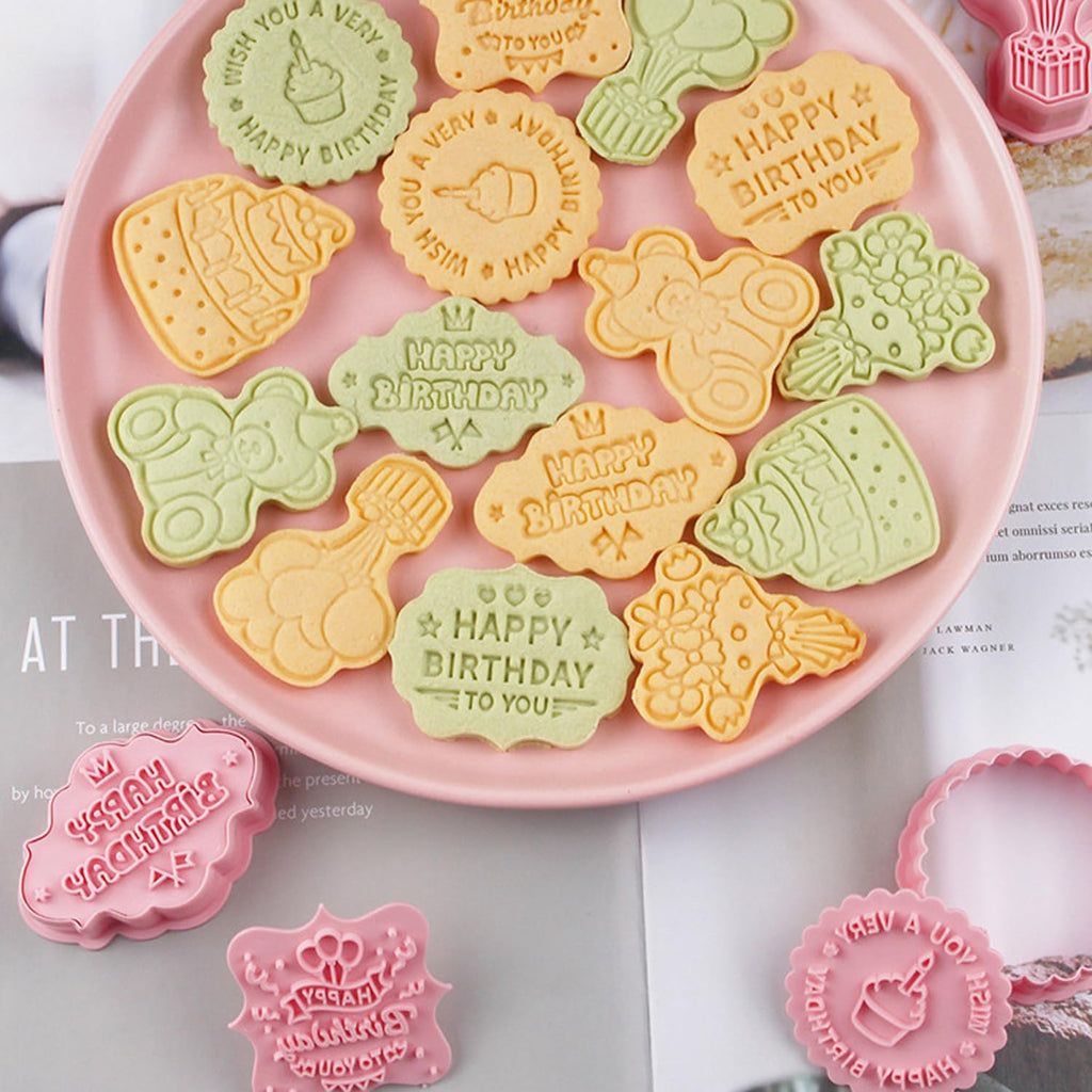 8PCS Happy Birthday Cookie Cutter Sets 3D Plastic Cookie Cutters with Plunger Stamps Pressable Biscuit Mold Cookie Molds Cake Baking Fondant Cutter Birthday Party DIY Cookie Decorating Supplies(C)