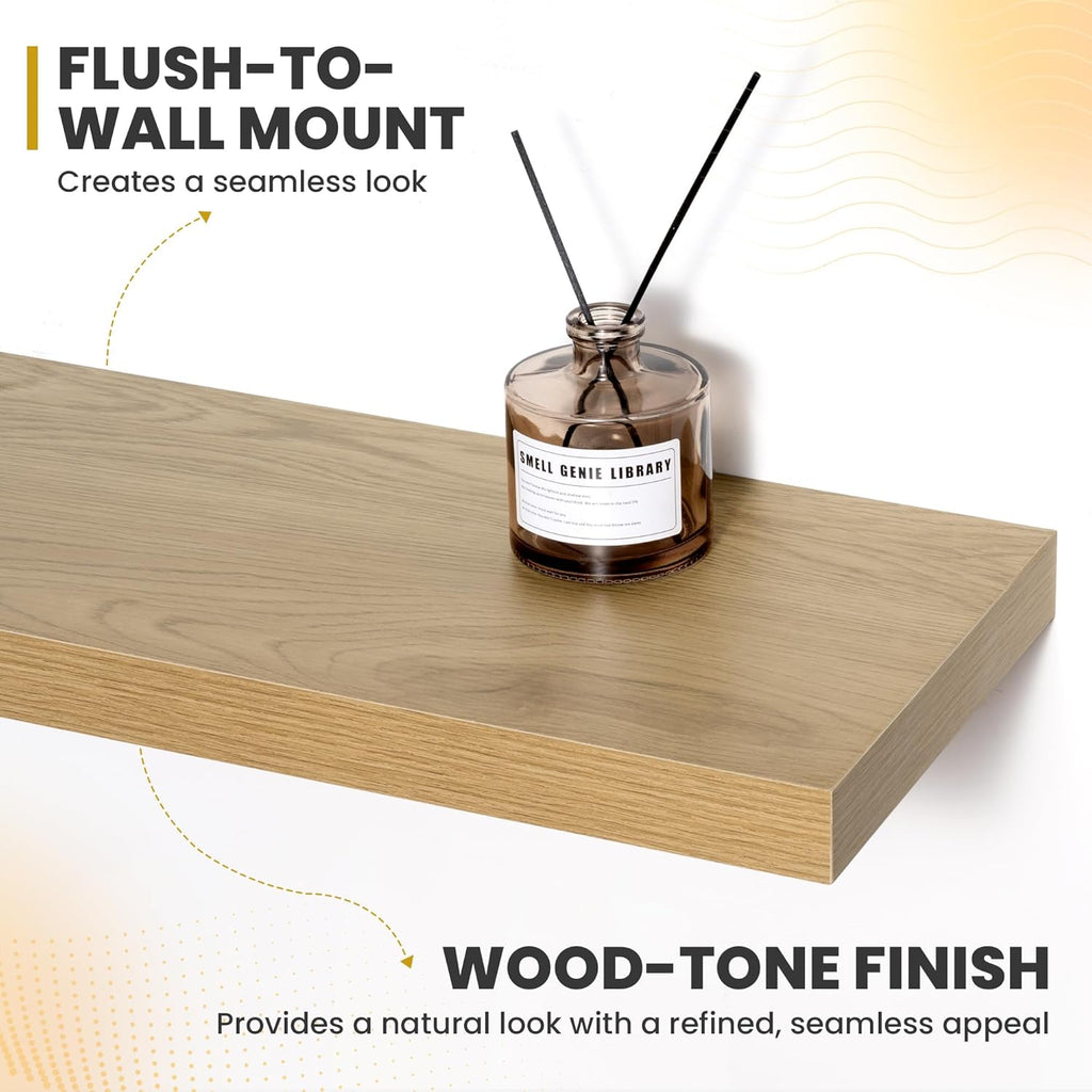 16 Inch Floating Shelves, 9.3" Deep Floating Shelf Wall Mounted, 16" Wall Shelves, Rustic Deep Bookshelf, Large Display Shelves & Storage Shelves for Bedroom, Living Room, Oak, Set of 2