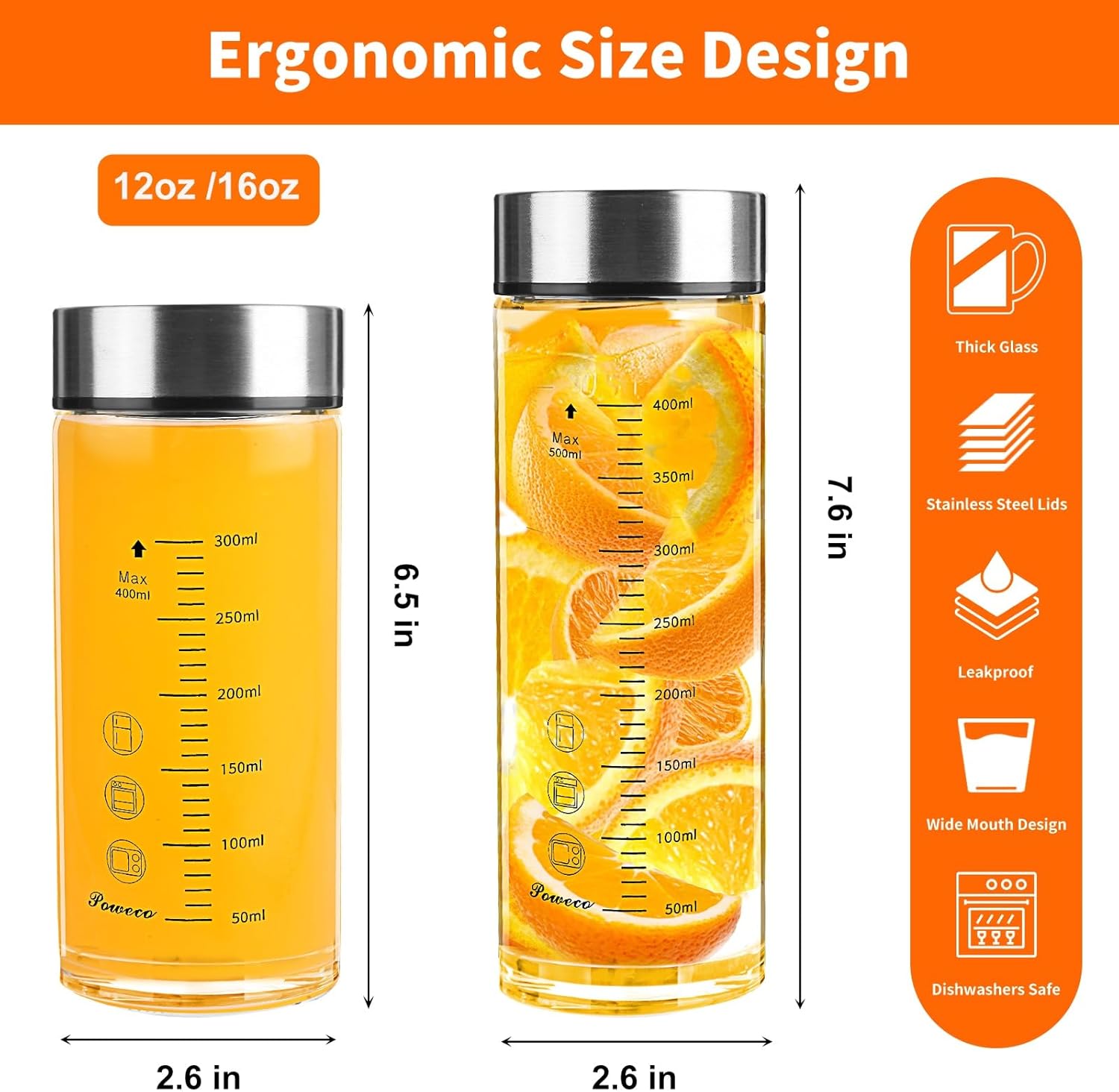 Glass Juice Bottles 4 Pack 16 oz - Wide Mouth Glass Water Bottles with Lids - for Juicing, Protein, Smoothie, Milk, Reusable, BPA Free, Stainless Steel Lids, Blender, Shaker Bottle (16oz/500ml)