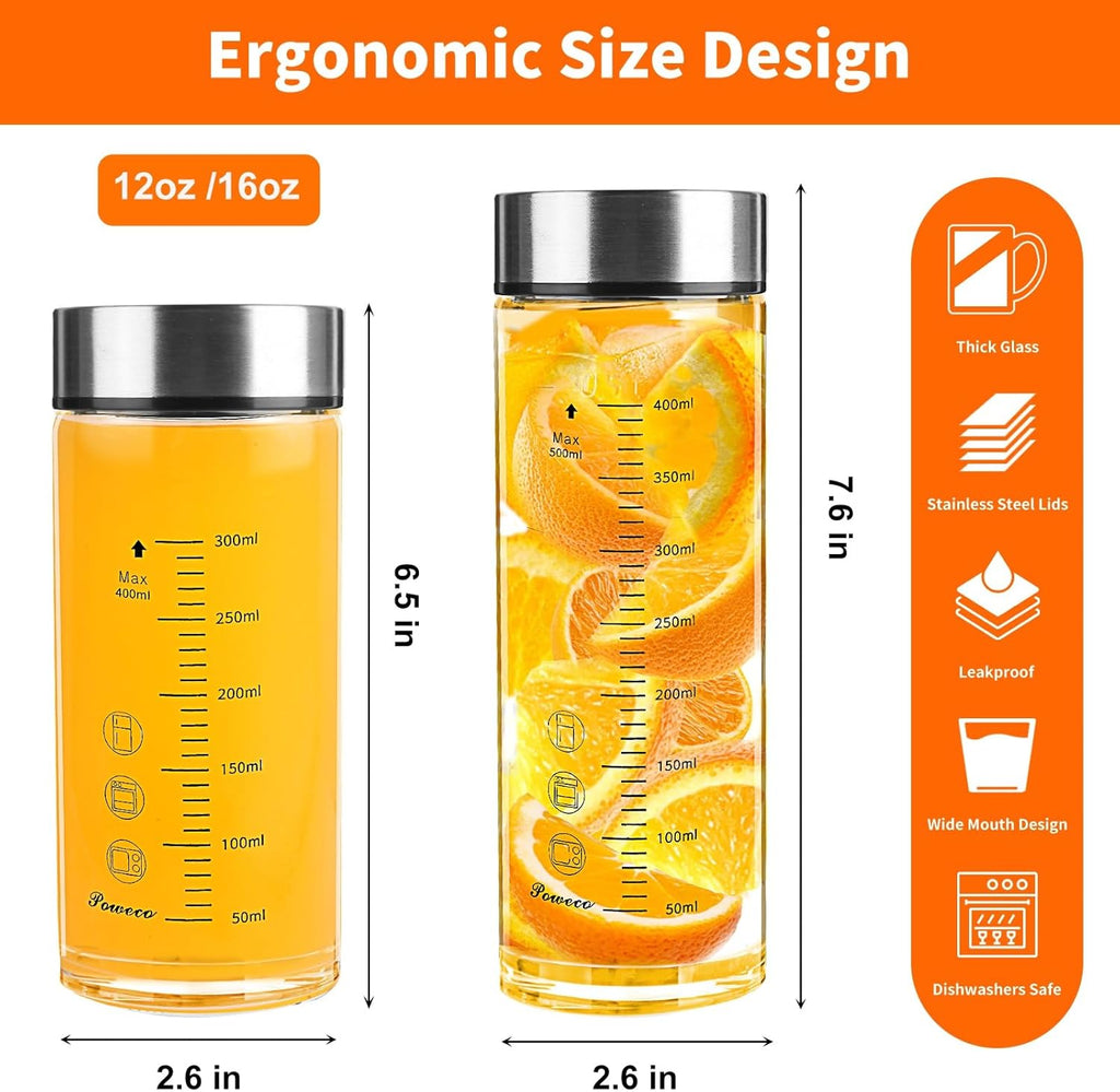 Glass Juice Bottles 6 Pack 16 oz - Wide Mouth Glass Water Bottles with Lids - for Juicing, Protein, Smoothie, Milk, Reusable, BPA Free, Stainless Steel Lids, Blender, Shaker Bottle (16oz/500ml)